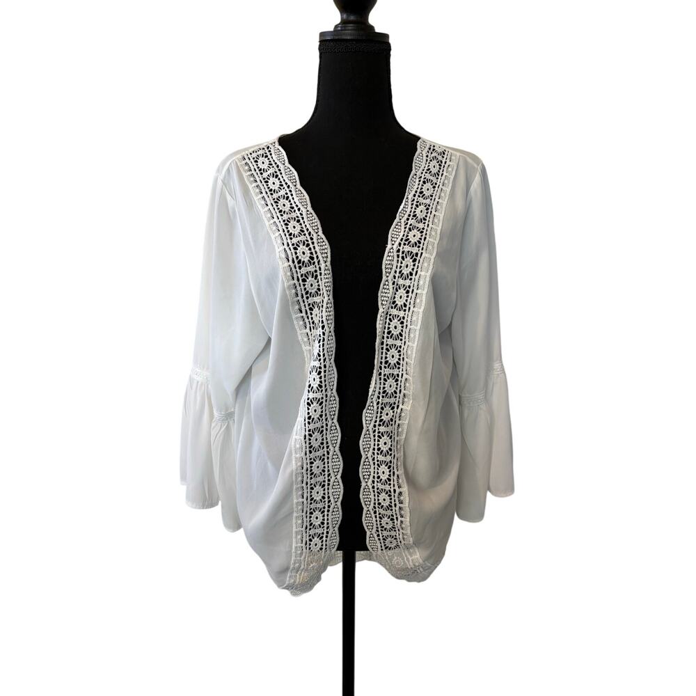 White Lace Trim Kimono Cardigan Boho Sheer Top Women’s Small